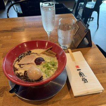 Ippudo Berkeley - Akamaru Modern with Tamago. Ikezo sparkling jelly sake. - Ramen Near Me - Berkeley, California