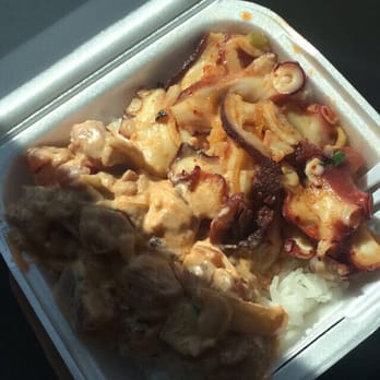 Ono Seafood - Half Spicy Ahi, Half Shoyu Tako. Free juice/water/soda with every poke bowl. +0.50 for combo of 2 types of poke. - Seafood Near Me - Honolulu, Hawaii Ono Seafood - Half Spicy Ahi, Half Shoyu Tako. Free juice/water/soda with every poke bowl. +0.50 for combo of 2 types of poke. - Seafood Near Me - Honolulu, Hawaii