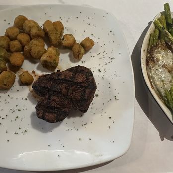 Half Shell Oyster House - Sirloin  Fried okra  Asparagus - Southern Near Me - Cullman, Alabama