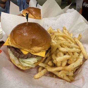 Ruby's Diner - The Classic with cheese and garlic fries - Diners Near Me - Costa Mesa, California
