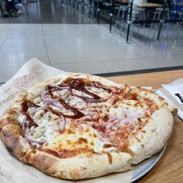 a pizza on a plate on a table a pizza on a plate on a table
