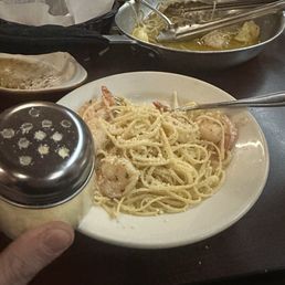 Shrimp scampi and "parm" cheese Shrimp scampi and "parm" cheese