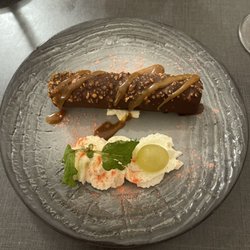 Auberge des Lices - Dessert Chocolate walnut coated ganache with caramel drizzle