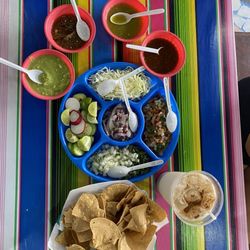 Asadero Viva Mexico - Horchata salsas toppings and chips