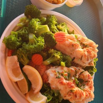 Keys Fisheries - Broiled Lobster with vegetables and rice - Seafood Markets Near Me - Marathon, Florida Keys Fisheries - Broiled Lobster with vegetables and rice - Seafood Markets Near Me - Marathon, Florida