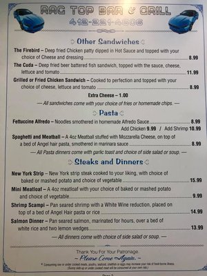 Menu photo 1 Rag Top Bar & Grill Bridgeville, PA