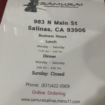 Samurai - Front of menu - Japanese Near Me - Salinas, California Samurai - Front of menu - Japanese Near Me - Salinas, California