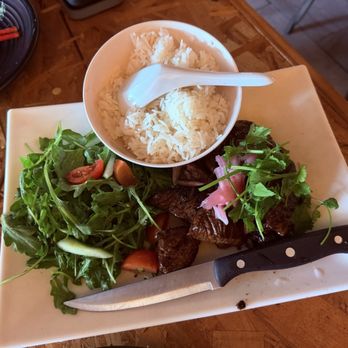 Rooster And The Pig - Shaking Beef, Pickled Red Onion, Garlic, Cucumber Tomato Salad - Vietnamese Near Me - Palm Springs, California Rooster And The Pig - Shaking Beef, Pickled Red Onion, Garlic, Cucumber Tomato Salad - Vietnamese Near Me - Palm Springs, California