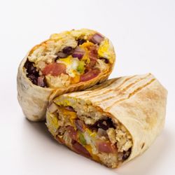 Bagel City Cafe - Breakfast burrito with egg, cheese, black beans, tomato's, red onion, avocado, hash brown, cheddar cheese, and chipotle mayo