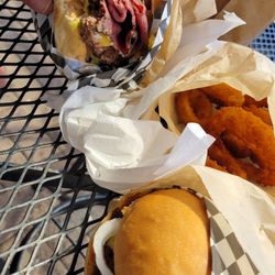 The Baked Cafe - Pastrami burger, onion rings, and cheeseburger