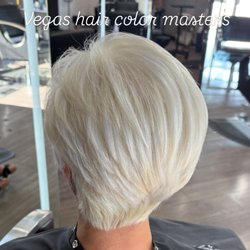 Pixie haircut and all over platinum blonde