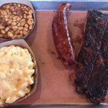 Killen's Barbecue - Pork ribs, jalapeño cheese sausage, baked beans, and macaroni and cheese. - Barbeque Near Me - Pearland, Texas Killen's Barbecue - Pork ribs, jalapeño cheese sausage, baked beans, and macaroni and cheese. - Barbeque Near Me - Pearland, Texas