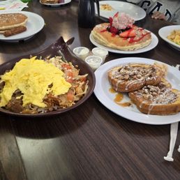 Greek skillet with upgrade cinnamon French toast, berry pancakes Greek skillet with upgrade cinnamon French toast, berry pancakes