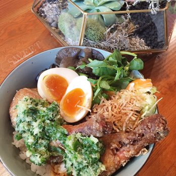Heritage Asian Eatery - Chicken Rice Bowl - fried chicken leg, wood ear mushrooms, ginger scallion sauce, and marinated egg - Breakfast & Brunch Near Me - Vancouver, British Columbia