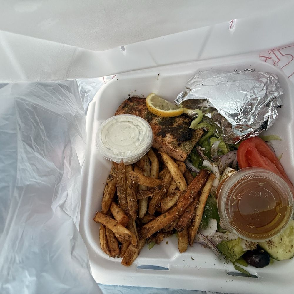 The Greek Grill - W C Salmon Platter., Lemon Oregano Fries, Side Salad - Greek Near Me - Fort Mill, South Carolina The Greek Grill - W C Salmon Platter., Lemon Oregano Fries, Side Salad - Greek Near Me - Fort Mill, South Carolina