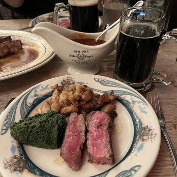 Peter Luger - Steak for Two - perfect medium rare w/ German potatoes and spinach - Steakhouses Near Me - Brooklyn, New York Peter Luger - Steak for Two - perfect medium rare w/ German potatoes and spinach - Steakhouses Near Me - Brooklyn, New York