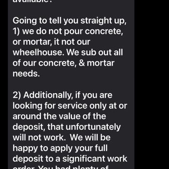 Tino's Landscape Lighting and Construction - Text from Tino refusing to do work if it's not significant and more than the 5k deposit - Artificial Turf Near Me Tino's Landscape Lighting and Construction - Text from Tino refusing to do work if it's not significant and more than the 5k deposit - Artificial Turf Near Me