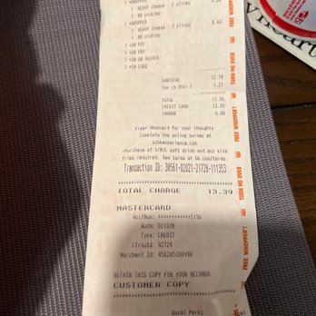 Burger King - Receipt - Burgers Near Me - Baton Rouge, Louisiana Burger King - Receipt - Burgers Near Me - Baton Rouge, Louisiana