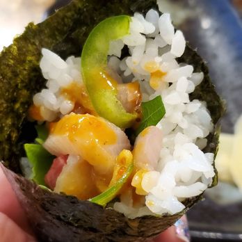 Tanuki Sushi - ...Hamachi, Jalapeño, Shiso Temaki with drizzle of Uni Shoyu... - Sushi Bars Near Me - Kaneohe, Hawaii Tanuki Sushi - ...Hamachi, Jalapeño, Shiso Temaki with drizzle of Uni Shoyu... - Sushi Bars Near Me - Kaneohe, Hawaii