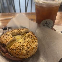 Medium iced coffee Ham, egg, and cheese bagel