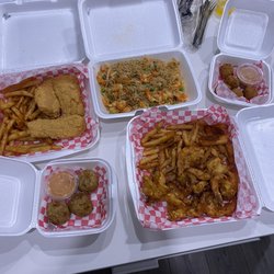 Hotspot Cajun Seafood House - Fried catfish plate. Crawfish/ house rice. Fried shrimp plate with fries. Boudin balls.
