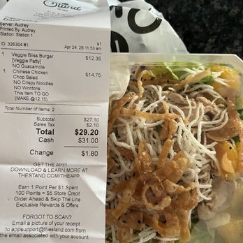 The Stand - American Classics Redefined - Receipt showing no wonton and crispy noodles. - New American Near Me - Chino Hills, California