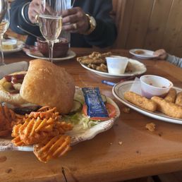 BBQ burger with veggie patty and sweet potato fries. Mozzarella sticks