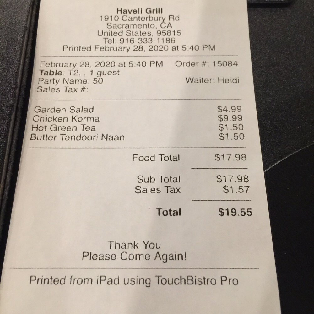 Haveli Grill Commercial Kitchen & BBQ - cheap by comparison with a 20% tip  25$ bucks - Pakistani Near Me - Rancho Cordova, California