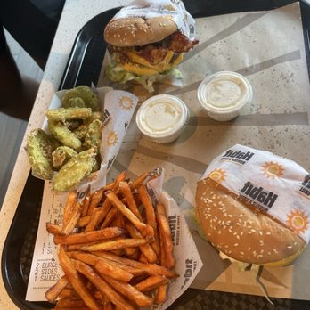 Habit Burger & Grill - Charburger with Cheese, Double Char with Cheese add bacon, Sweet Potato Fries and Tempura Avocado Wedges - Burgers Near Me - Indian Land, South Carolina