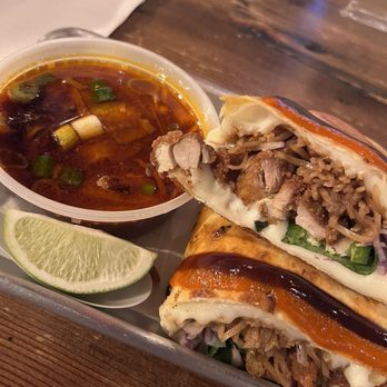 Cris and John - Phodilla (pho quesadilla) with spicy broth - Vietnamese Near Me - Dallas, Texas