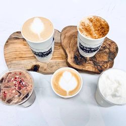Germania Brew Haus - Left to Right: Peppermint Mocha (iced), Gingerbread Latte, Amaretto Cortado, Haus Chai, Sugar Cookie Milkshake