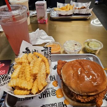 Houston TX Hot Chicken - Spicy chicken sandwich, fries, coleslaw slaw and pickles with a blueberry lavender lemonade. - Chicken Shop Near Me - Houston, Texas Houston TX Hot Chicken - Spicy chicken sandwich, fries, coleslaw slaw and pickles with a blueberry lavender lemonade. - Chicken Shop Near Me - Houston, Texas
