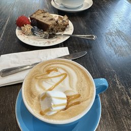 S'mores latte, banana bread, and a flat white S'mores latte, banana bread, and a flat white