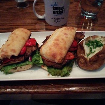 The Keg Steakhouse + Bar - The vegan, no oil, grilled roasted pepper and portobello mushroom sandwich with plain baked potato and chives. - Steakhouses Near Me - Edmonton, Alberta The Keg Steakhouse + Bar - The vegan, no oil, grilled roasted pepper and portobello mushroom sandwich with plain baked potato and chives. - Steakhouses Near Me - Edmonton, Alberta