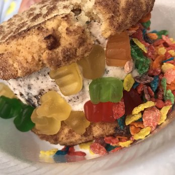 CREAM - Kids choice, (not the best mix, lol) ... snickerdoodle cookie, cookies n cream ice cream, 1/2 gummies, 1/2 fruity pebbles. - Desserts Near Me - Concord, California