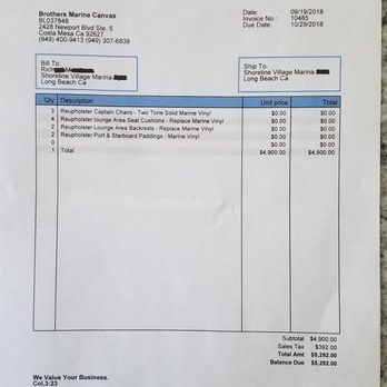 Brothers Marine Canvas - Brothers Marine Canvas Invoice Dated 09/19/2018. Due Date of Work to be Completed 10/29/2018.  Peter Failed to Complete Work as Promised. - Boat Repair Near Me - Costa Mesa, California