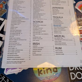 Last Call Bar - The back of the menu - A menu from Last Call Bar in Washington, DC, displays drink categories including bourbon, rye, brandy, Japanese spirits, tequila, scotch, Irish whiskey, mezcal, and rum. Each section lists specific brands and options, with some notes on availability. The menu is printed on white paper and placed on a surface decorated with various stickers and patches. - Dive Bars Near Me - Washington, DC, District of Columbia
