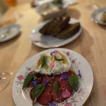 Goodtime Bar - High quality small plates - in the foreground burrata&plums with bread - Wine Bars Near Me - San Jose, California