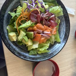 This is not on the menu, but I was able to order it: half salmon half ahi poke salad. So fresh!