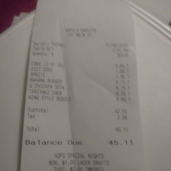Hops and Barley - 4 people bill - American Near Me - Luzerne, Pennsylvania