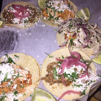 Bakersfield Short North - Mix of rojo pollo, mole, and fish tacos. - Bars Near Me - Columbus, Ohio