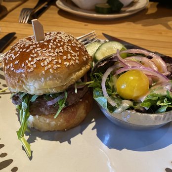 Innovo Kitchen - Lamb burger with side salad. - American Near Me - Latham, New York Innovo Kitchen - Lamb burger with side salad. - American Near Me - Latham, New York