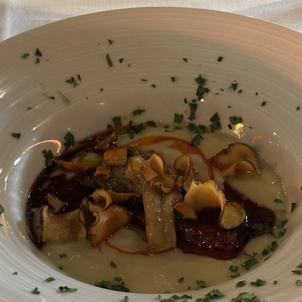 The Green Room Restaurant - In place of the Roasted Carrot Soup, this is a parsnip puree with braised pork belly, wild mushrooms - New American Near Me - Florence, Oregon The Green Room Restaurant - In place of the Roasted Carrot Soup, this is a parsnip puree with braised pork belly, wild mushrooms - New American Near Me - Florence, Oregon