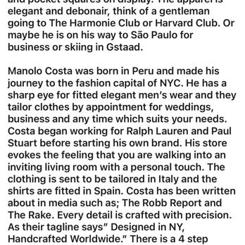 Manolo Costa - Article about Manolo Costa's store. - Men's Clothing Near Me - New York, New York Manolo Costa - Article about Manolo Costa's store. - Men's Clothing Near Me - New York, New York
