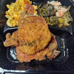 Pork chops, greens, Mac and cheese