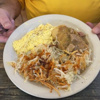 Pine Country Restaurant - Soft scrambled eggs, green chili pork - Breakfast & Brunch Near Me - Williams, Arizona