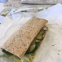 Subway - Veggie delight on wheat flat bread.