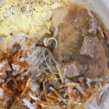 Pine Country Restaurant - Pork Green Chile Burrito.  Side of Hash Browns - Breakfast & Brunch Near Me - Williams, Arizona