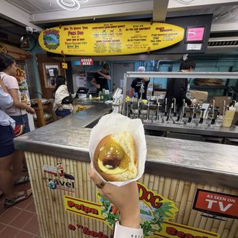Puka Dog - polish sausage with mild garlic lemon secret sauce, Kauai special mango relish, and lilikoi hawaiian mustard - Hot Dogs Near Me - Koloa, Hawaii Puka Dog - polish sausage with mild garlic lemon secret sauce, Kauai special mango relish, and lilikoi hawaiian mustard - Hot Dogs Near Me - Koloa, Hawaii