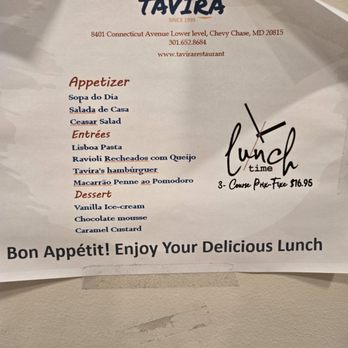 Tavira Restaurant - Limited lunch menu,  3 pasta options and a fake burger option! Needs improvement!!! - Mediterranean Near Me - Chevy Chase, Maryland